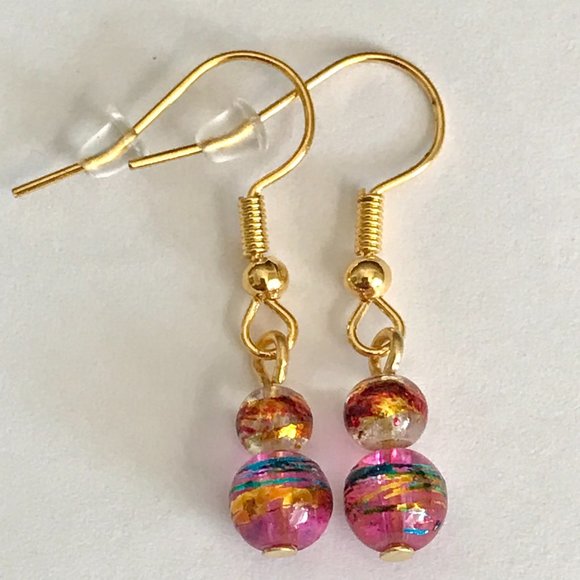Pink Aqua Blue Murano Glass Earrings Bead Hand Painted Round Gold Plated Dangle - Picture 5 of 13